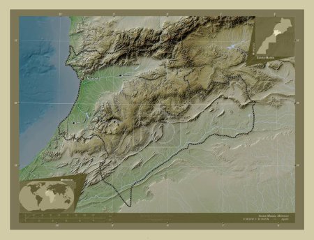 Photo for Souss-Massa, region of Morocco. Elevation map colored in wiki style with lakes and rivers. Locations and names of major cities of the region. Corner auxiliary location maps - Royalty Free Image