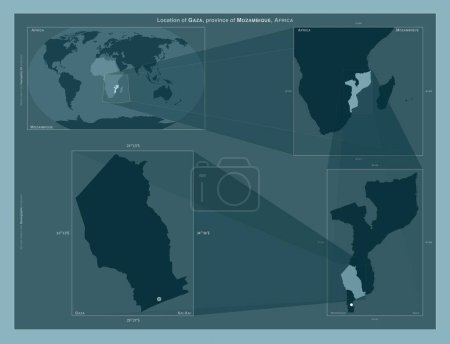 Foto de Gaza, provincia de Mozambique. Diagrama que muestra la ubicación de la región en mapas a gran escala. Composición de marcos vectoriales y formas PNG sobre un fondo sólido - Imagen libre de derechos