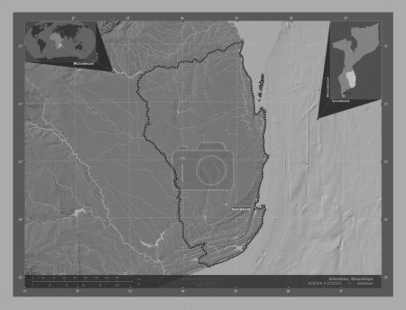 Photo for Inhambane, province of Mozambique. Bilevel elevation map with lakes and rivers. Locations and names of major cities of the region. Corner auxiliary location maps - Royalty Free Image
