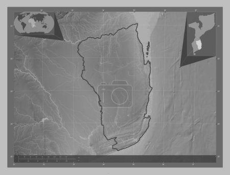 Foto de Inhambane, provincia de Mozambique. Mapa de elevación a escala de grises con lagos y ríos. Mapas de ubicación auxiliares de esquina - Imagen libre de derechos