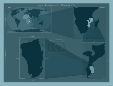 Photo for Inhambane, province of Mozambique. Diagram showing the location of the region on larger-scale maps. Composition of vector frames and PNG shapes on a solid background - Royalty Free Image