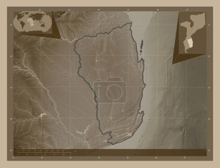 Photo for Inhambane, province of Mozambique. Elevation map colored in sepia tones with lakes and rivers. Locations of major cities of the region. Corner auxiliary location maps - Royalty Free Image