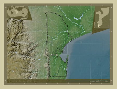 Foto de Maputo, provincia de Mozambique. Mapa de elevación coloreado en estilo wiki con lagos y ríos. Ubicaciones y nombres de las principales ciudades de la región. Mapas de ubicación auxiliares de esquina - Imagen libre de derechos