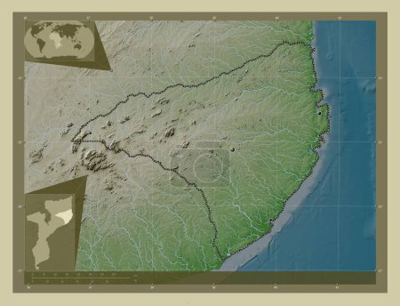 Foto de Nampula, provincia de Mozambique. Mapa de elevación coloreado en estilo wiki con lagos y ríos. Ubicaciones de las principales ciudades de la región. Mapas de ubicación auxiliares de esquina - Imagen libre de derechos