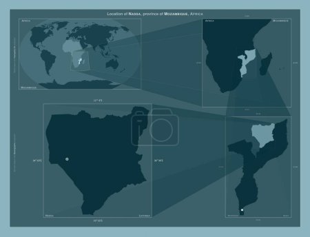 Foto de Nassa, provincia de Mozambique. Diagrama que muestra la ubicación de la región en mapas a gran escala. Composición de marcos vectoriales y formas PNG sobre un fondo sólido - Imagen libre de derechos