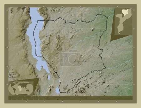 Foto de Nassa, provincia de Mozambique. Mapa de elevación coloreado en estilo wiki con lagos y ríos. Ubicaciones de las principales ciudades de la región. Mapas de ubicación auxiliares de esquina - Imagen libre de derechos
