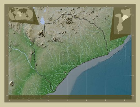 Foto de Zambezia, provincia de Mozambique. Mapa de elevación coloreado en estilo wiki con lagos y ríos. Ubicaciones de las principales ciudades de la región. Mapas de ubicación auxiliares de esquina - Imagen libre de derechos