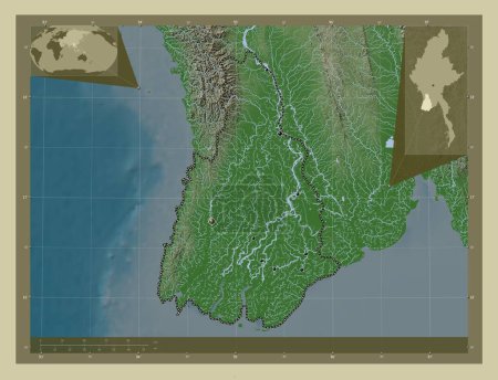 Téléchargez les photos : Ayeyarwady, division du Myanmar. Carte d'altitude colorée dans le style wiki avec des lacs et des rivières. Emplacements des grandes villes de la région. Corner cartes de localisation auxiliaires - en image libre de droit