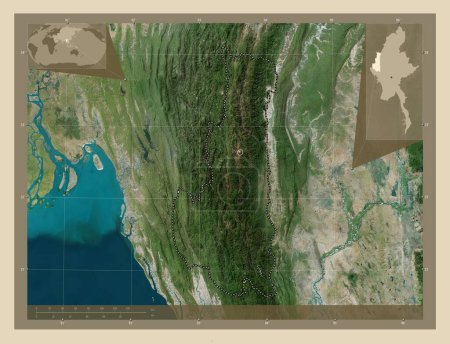 Téléchargez les photos : Chin, État du Myanmar. Carte satellite haute résolution. Corner cartes de localisation auxiliaires - en image libre de droit