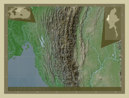 Téléchargez les photos : Chin, État du Myanmar. Carte d'altitude colorée dans le style wiki avec des lacs et des rivières. Emplacements des grandes villes de la région. Corner cartes de localisation auxiliaires - en image libre de droit