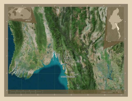 Foto de Kayin, estado de Myanmar. Mapa satelital de alta resolución. Ubicaciones y nombres de las principales ciudades de la región. Mapas de ubicación auxiliares de esquina - Imagen libre de derechos