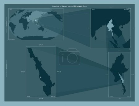 Foto de Kayin, estado de Myanmar. Diagrama que muestra la ubicación de la región en mapas a gran escala. Composición de marcos vectoriales y formas PNG sobre un fondo sólido - Imagen libre de derechos