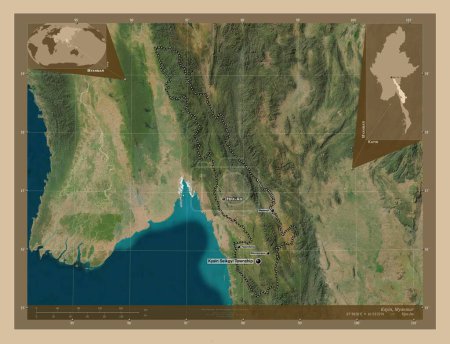 Foto de Kayin, estado de Myanmar. Mapa satelital de baja resolución. Ubicaciones y nombres de las principales ciudades de la región. Mapas de ubicación auxiliares de esquina - Imagen libre de derechos