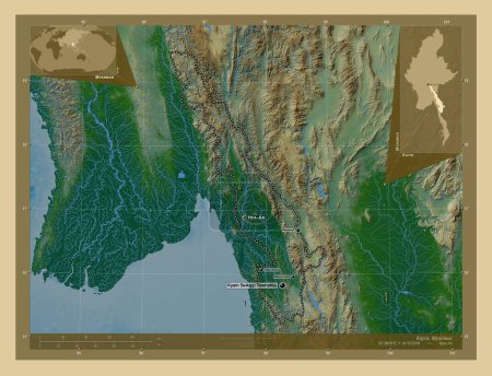 Foto de Kayin, estado de Myanmar. Mapa de elevación de colores con lagos y ríos. Ubicaciones y nombres de las principales ciudades de la región. Mapas de ubicación auxiliares de esquina - Imagen libre de derechos