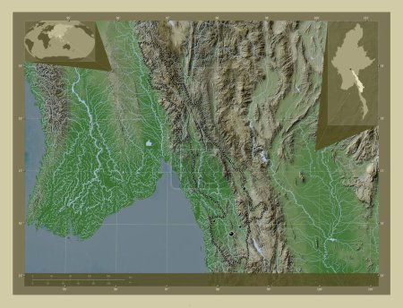 Foto de Kayin, estado de Myanmar. Mapa de elevación coloreado en estilo wiki con lagos y ríos. Ubicaciones de las principales ciudades de la región. Mapas de ubicación auxiliares de esquina - Imagen libre de derechos
