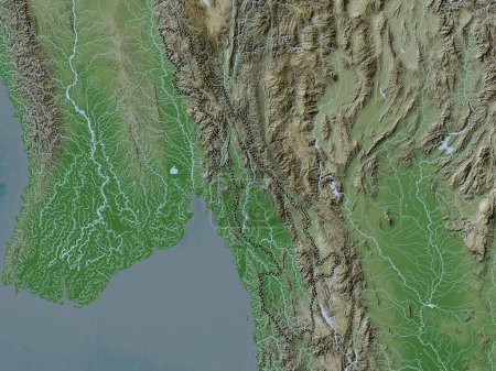Foto de Kayin, estado de Myanmar. Mapa de elevación coloreado en estilo wiki con lagos y ríos - Imagen libre de derechos
