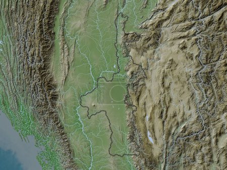 Mandalay, division of Myanmar. Elevation map colored in wiki style with lakes and rivers