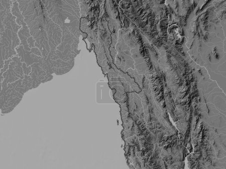 Téléchargez les photos : Mon, État du Myanmar. Carte d'altitude de Bilevel avec lacs et rivières - en image libre de droit