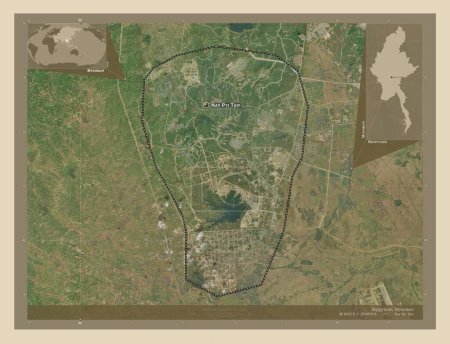 Foto de Naypyitaw, territorio sindical de Myanmar. Mapa satelital de alta resolución. Ubicaciones y nombres de las principales ciudades de la región. Mapas de ubicación auxiliares de esquina - Imagen libre de derechos