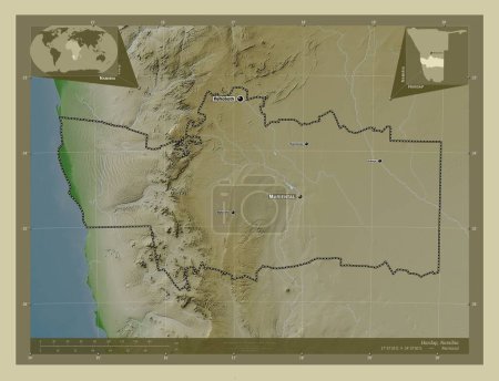 Téléchargez les photos : Hardap, région de Namibie. Carte d'altitude colorée dans le style wiki avec des lacs et des rivières. Emplacements et noms des grandes villes de la région. Corner cartes de localisation auxiliaires - en image libre de droit