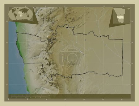 Téléchargez les photos : Hardap, région de Namibie. Carte d'altitude colorée dans le style wiki avec des lacs et des rivières. Emplacements des grandes villes de la région. Corner cartes de localisation auxiliaires - en image libre de droit