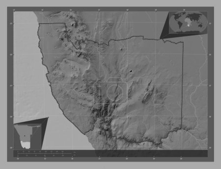Foto de !Karas, región de Namibia. Mapa de elevación de Bilevel con lagos y ríos. Mapas de ubicación auxiliares de esquina - Imagen libre de derechos