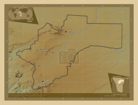 Téléchargez les photos : Otjozondjupa, région de Namibie. Carte d'altitude colorée avec lacs et rivières. Emplacements et noms des grandes villes de la région. Corner cartes de localisation auxiliaires - en image libre de droit