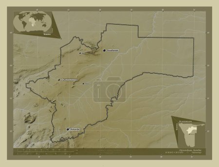 Téléchargez les photos : Otjozondjupa, région de Namibie. Carte d'altitude colorée dans le style wiki avec des lacs et des rivières. Emplacements et noms des grandes villes de la région. Corner cartes de localisation auxiliaires - en image libre de droit