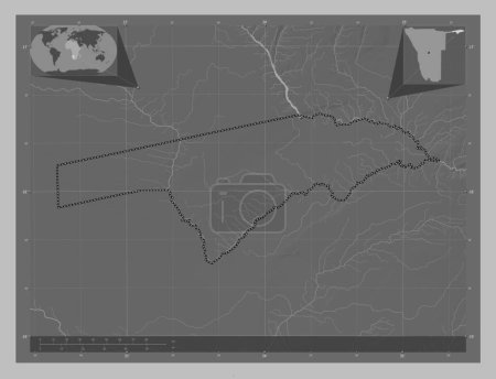 Photo for Zambezi, region of Namibia. Grayscale elevation map with lakes and rivers. Locations of major cities of the region. Corner auxiliary location maps - Royalty Free Image
