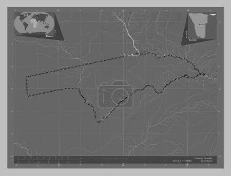 Photo for Zambezi, region of Namibia. Grayscale elevation map with lakes and rivers. Locations and names of major cities of the region. Corner auxiliary location maps - Royalty Free Image
