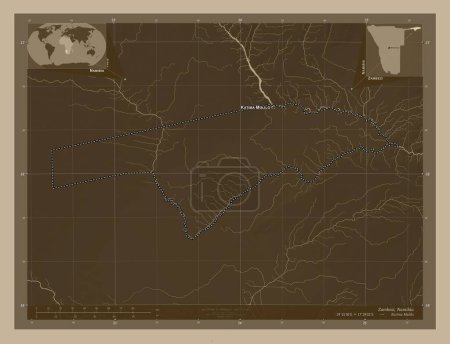 Photo for Zambezi, region of Namibia. Elevation map colored in sepia tones with lakes and rivers. Locations and names of major cities of the region. Corner auxiliary location maps - Royalty Free Image