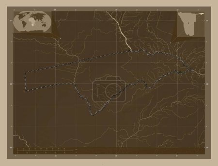 Photo for Zambezi, region of Namibia. Elevation map colored in sepia tones with lakes and rivers. Locations of major cities of the region. Corner auxiliary location maps - Royalty Free Image