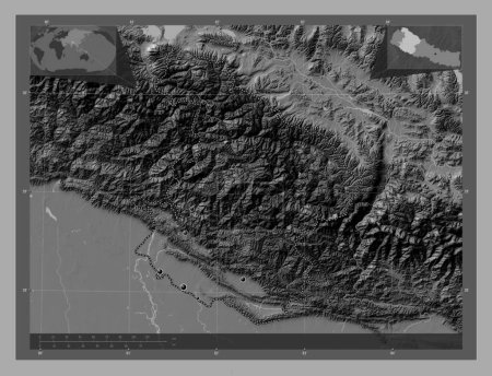 Photo for Mid-Western, development region of Nepal. Bilevel elevation map with lakes and rivers. Locations of major cities of the region. Corner auxiliary location maps - Royalty Free Image
