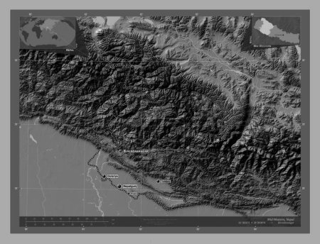 Photo for Mid-Western, development region of Nepal. Bilevel elevation map with lakes and rivers. Locations and names of major cities of the region. Corner auxiliary location maps - Royalty Free Image