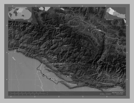 Photo for Mid-Western, development region of Nepal. Grayscale elevation map with lakes and rivers. Locations and names of major cities of the region. Corner auxiliary location maps - Royalty Free Image