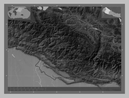 Photo for Mid-Western, development region of Nepal. Grayscale elevation map with lakes and rivers. Corner auxiliary location maps - Royalty Free Image