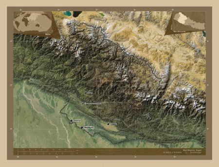 Photo for Mid-Western, development region of Nepal. Low resolution satellite map. Locations and names of major cities of the region. Corner auxiliary location maps - Royalty Free Image