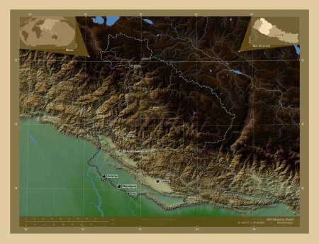 Photo for Mid-Western, development region of Nepal. Colored elevation map with lakes and rivers. Locations and names of major cities of the region. Corner auxiliary location maps - Royalty Free Image