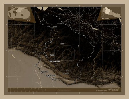 Photo for Mid-Western, development region of Nepal. Elevation map colored in sepia tones with lakes and rivers. Locations and names of major cities of the region. Corner auxiliary location maps - Royalty Free Image
