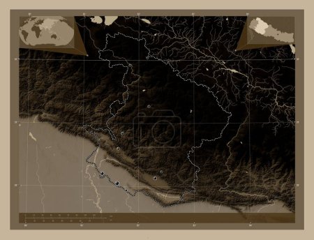 Photo for Mid-Western, development region of Nepal. Elevation map colored in sepia tones with lakes and rivers. Locations of major cities of the region. Corner auxiliary location maps - Royalty Free Image