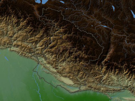 Photo for Mid-Western, development region of Nepal. Colored elevation map with lakes and rivers - Royalty Free Image