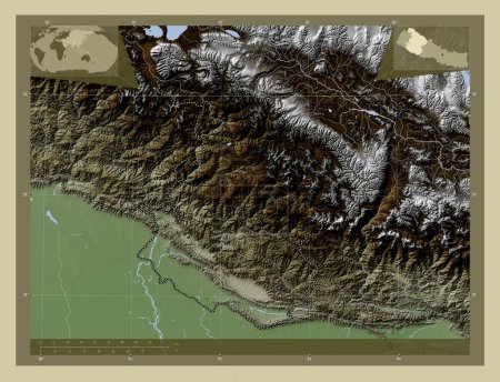 Photo for Mid-Western, development region of Nepal. Elevation map colored in wiki style with lakes and rivers. Corner auxiliary location maps - Royalty Free Image