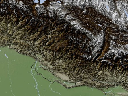 Photo for Mid-Western, development region of Nepal. Elevation map colored in wiki style with lakes and rivers - Royalty Free Image