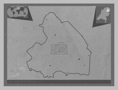 Photo for Drenthe, province of Netherlands. Grayscale elevation map with lakes and rivers. Locations of major cities of the region. Corner auxiliary location maps - Royalty Free Image