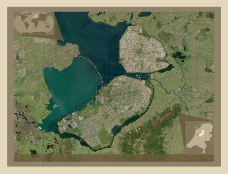 Photo for Flevoland, province of Netherlands. High resolution satellite map. Locations of major cities of the region. Corner auxiliary location maps - Royalty Free Image