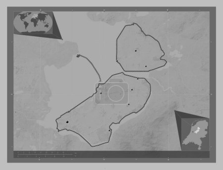 Photo for Flevoland, province of Netherlands. Grayscale elevation map with lakes and rivers. Locations of major cities of the region. Corner auxiliary location maps - Royalty Free Image