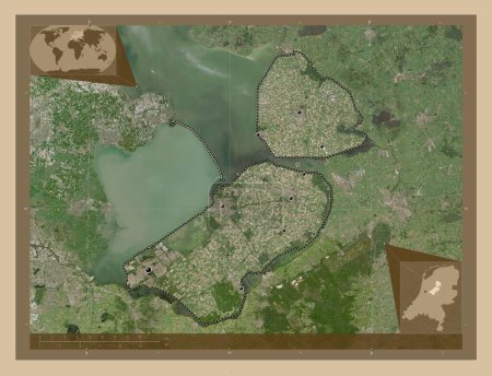 Photo for Flevoland, province of Netherlands. Low resolution satellite map. Locations of major cities of the region. Corner auxiliary location maps - Royalty Free Image