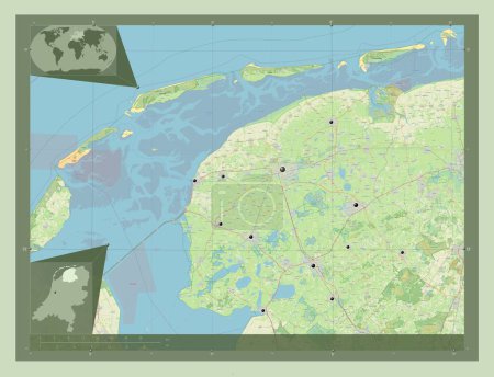 Photo for Friesland, province of Netherlands. Open Street Map. Locations of major cities of the region. Corner auxiliary location maps - Royalty Free Image