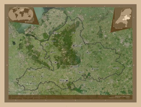 Photo for Gelderland, province of Netherlands. Low resolution satellite map. Locations and names of major cities of the region. Corner auxiliary location maps - Royalty Free Image