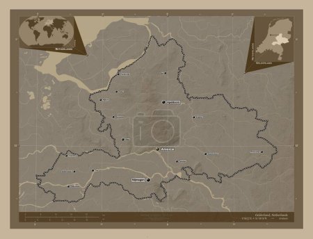 Photo for Gelderland, province of Netherlands. Elevation map colored in sepia tones with lakes and rivers. Locations and names of major cities of the region. Corner auxiliary location maps - Royalty Free Image